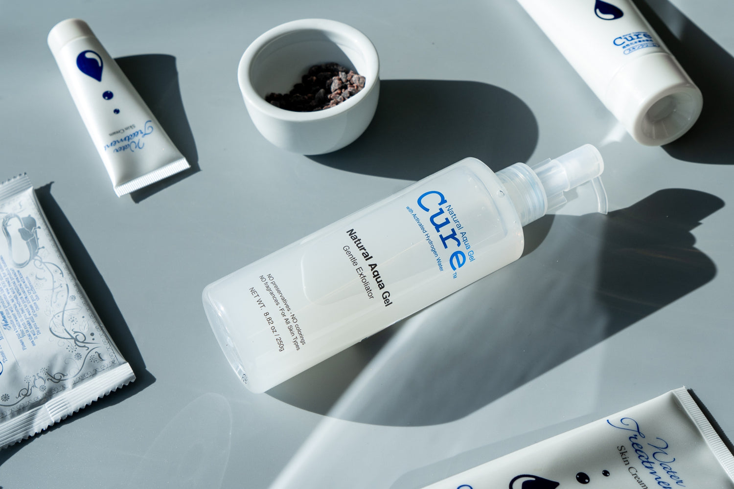 there are skincare from Japan. aqua gel gentle exfoliator, water treatment oil-free moisturizer and bathtime mineral salts
