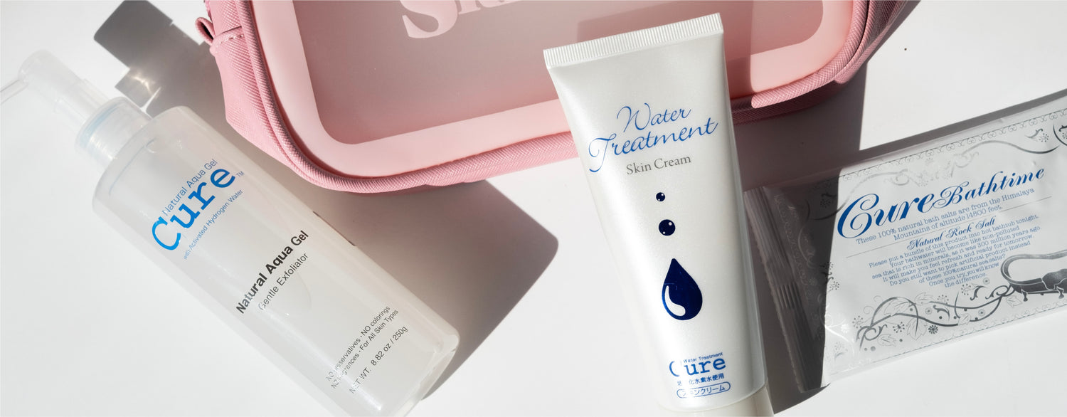 Cure’s simple 3-step skincare with aqua gel exfoliator, water treatment moisturizer and bathtime mineral salts for dry skin and sensitive