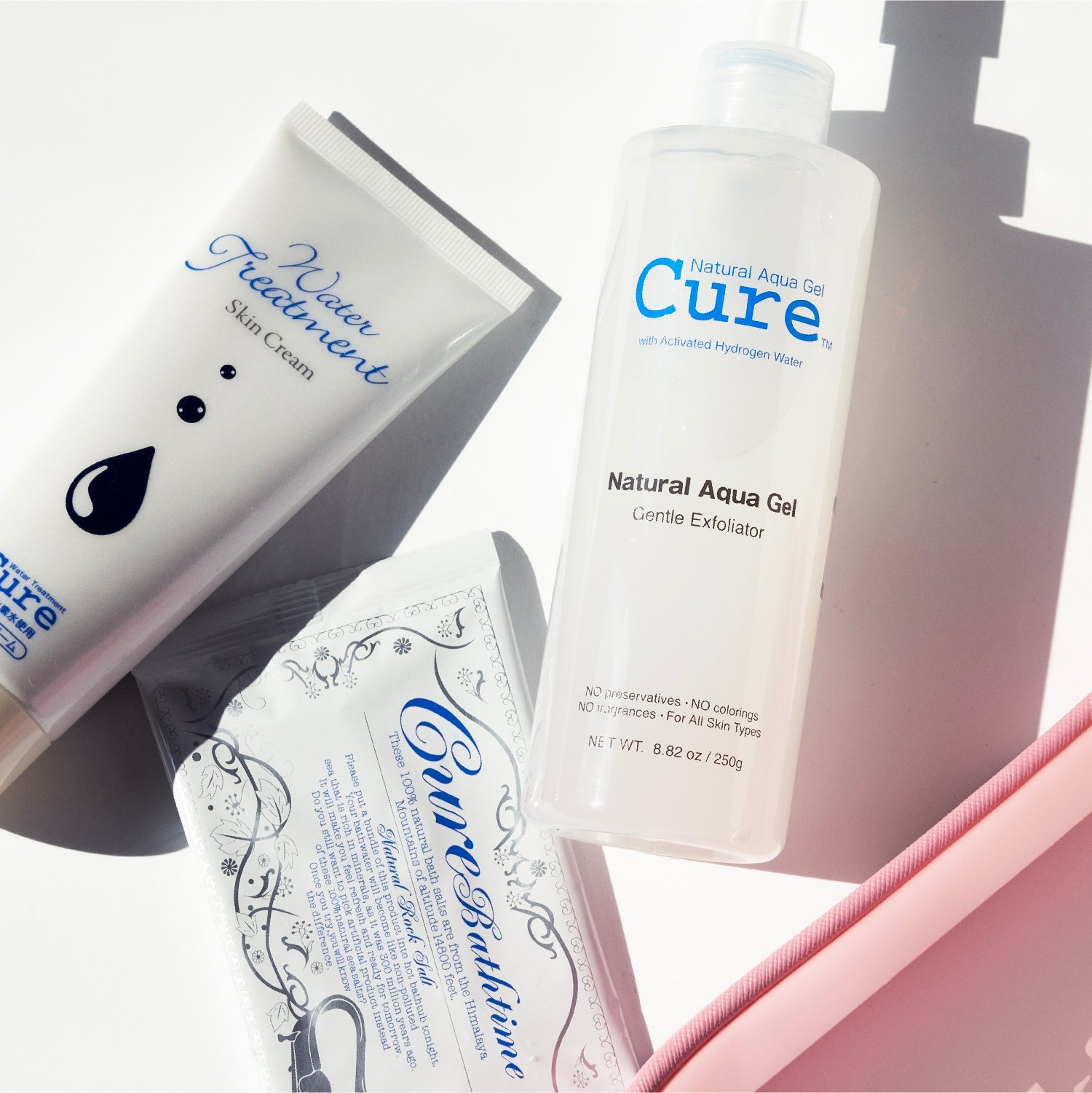 cure gentle 3-step skincare with aqua gel exfoliator, water treatment moisturizer and bathtime mineral salts